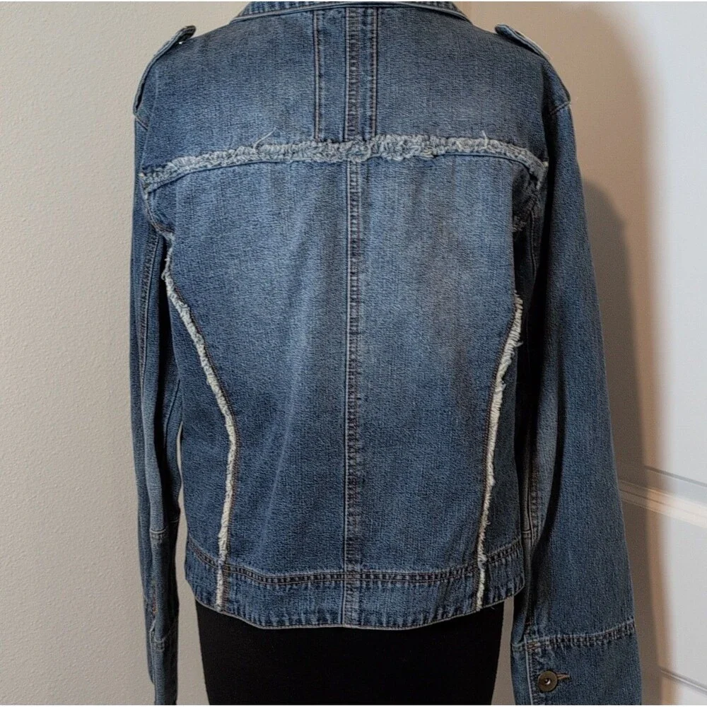Angel Kiss Women's Blue Frayed Denim Jacket Button Front With Pockets Size XL - Picture 4 of 8